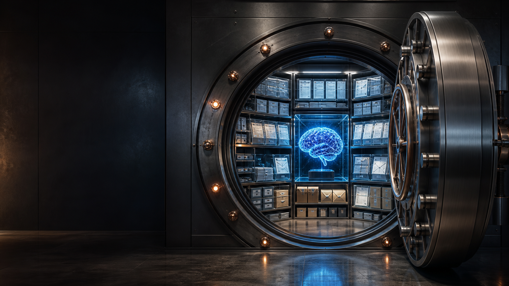 A secure physical vault containing organized company records and an electric blue Company Brain