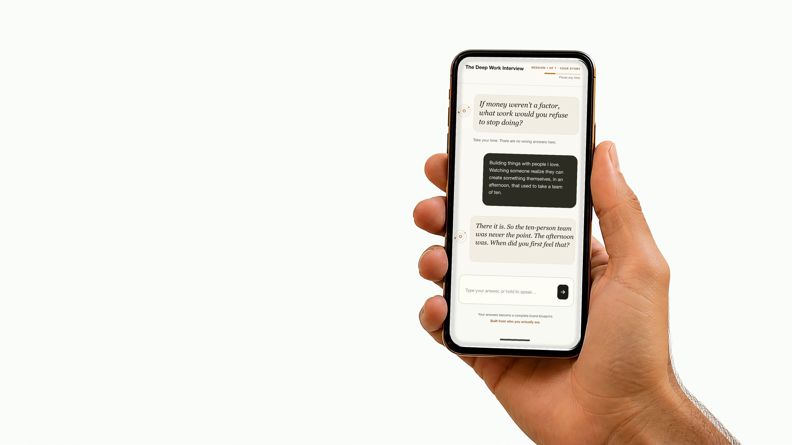 An authentic Deep Work conversation shown inside a phone held on a white background
